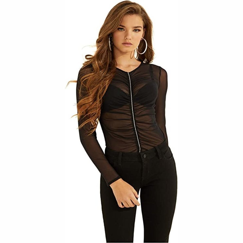 NWT Guess black & crystal bejewelled accented mesh long sleeve top, S